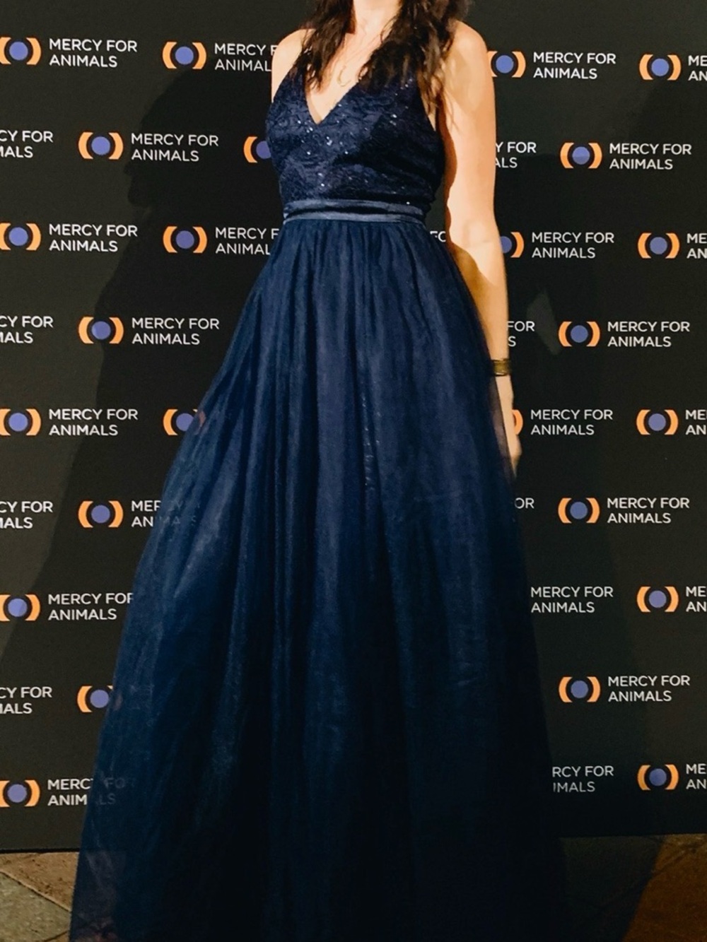 Navy Beaded Tulle Evening Gown